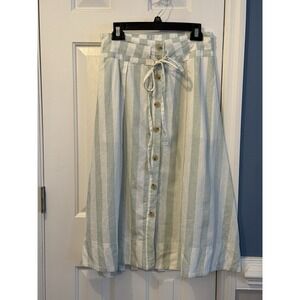 Linen Blend Stripe Midi Skirt Green Button Tie Waist Pockets S Casual Classic